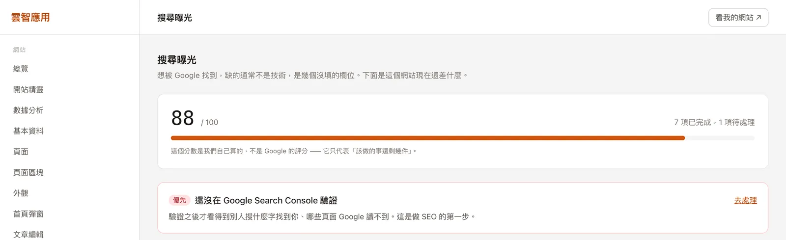 The search visibility screen in the dashboard: an SEO check-up score of 88, with 7 items done and 1 to do — the site is not yet verified in Google Search Console