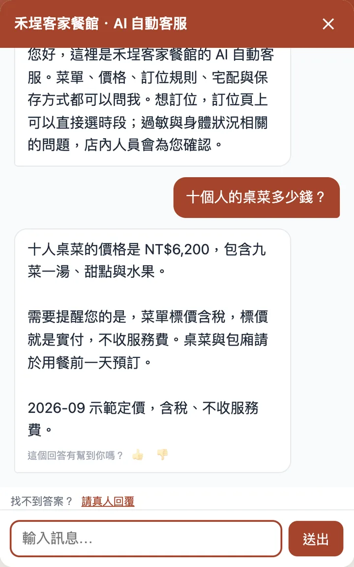 The AI assistant answers how much a set menu for ten costs: NT$6,200 for nine dishes, soup, dessert and fruit, and reminds the guest to order a day ahead