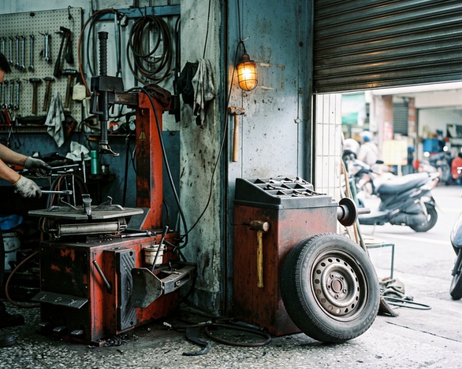 拆胎機與動平衡機，調胎與補胎也在這一區