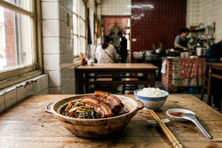 一盅梅干扣肉，五花肉片鋪在梅干菜上
