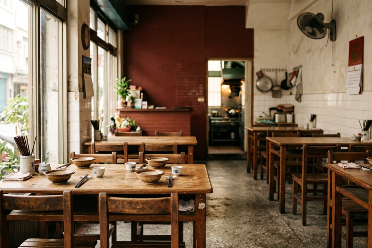 餐館大廳，木桌與圓桌整齊排開