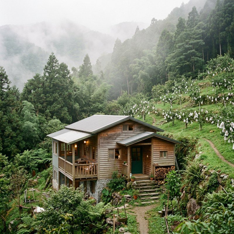 山坡上的果樹與網袋
