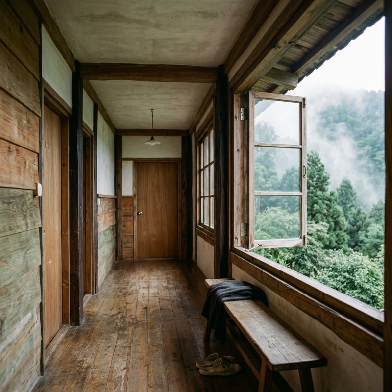 木造走廊與窗外的山