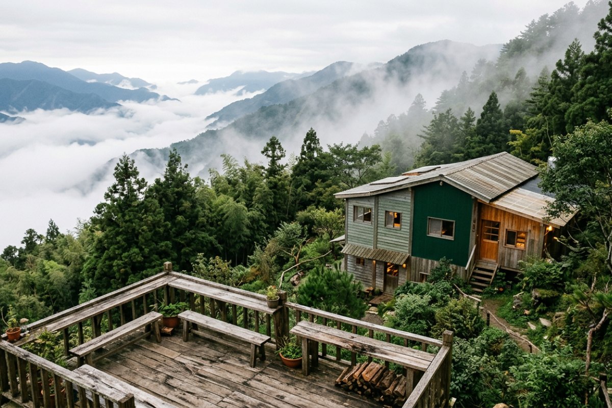山腰上的木造觀景平台，遠處是層層山稜