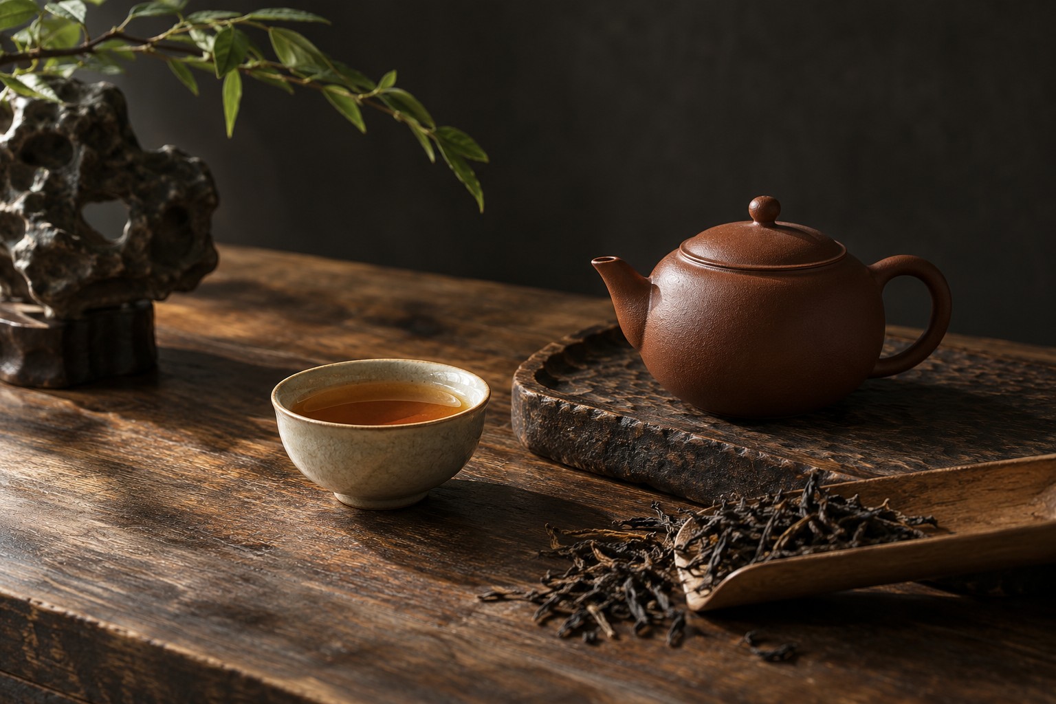 紫砂壺與琥珀色茶湯的茶席情境
